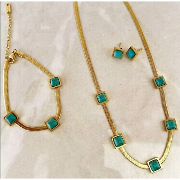 18K Gold Plated herringbone Turquoise Necklace Set Stainless Steel jewelry - Picture 5 of 9